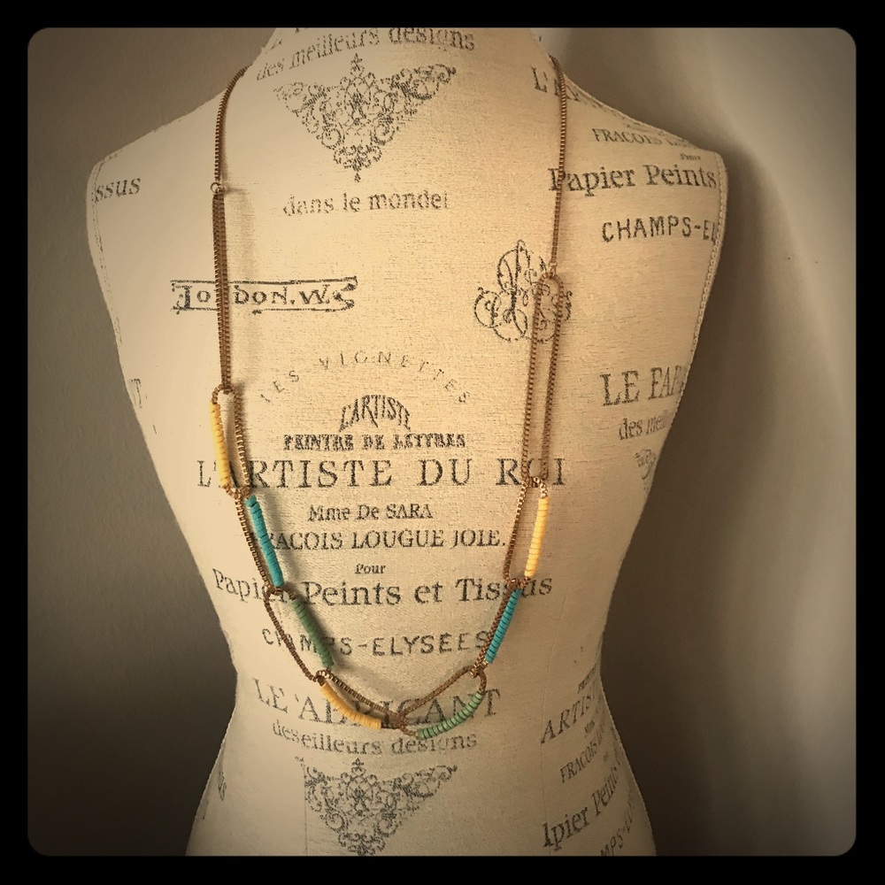 Beaded Necklace Gold Blue, Green, Yellow Beads